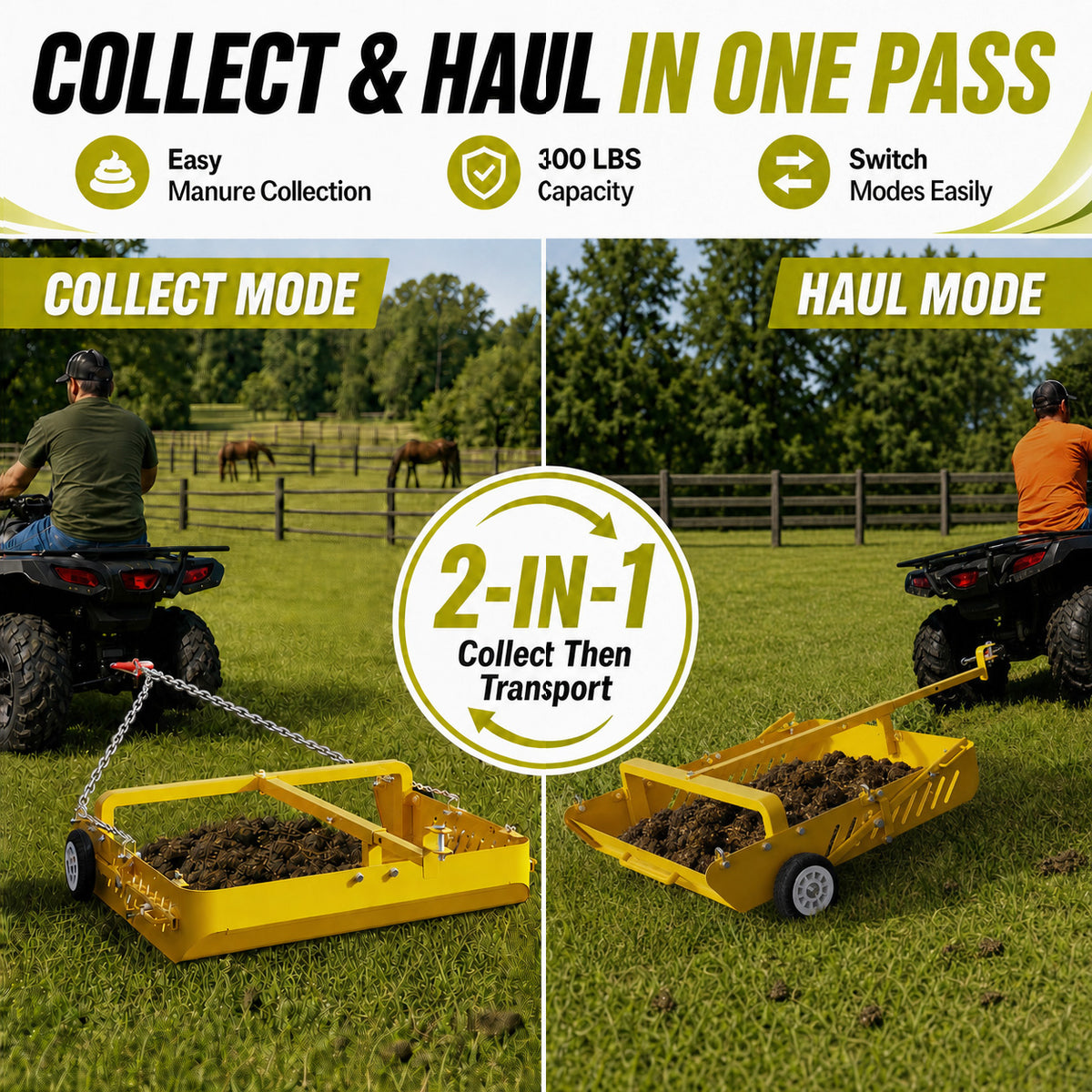 2-in-1 Large Horse Paddock Cleaner & Tow-Behind Trailer-Upgraded Chain Version