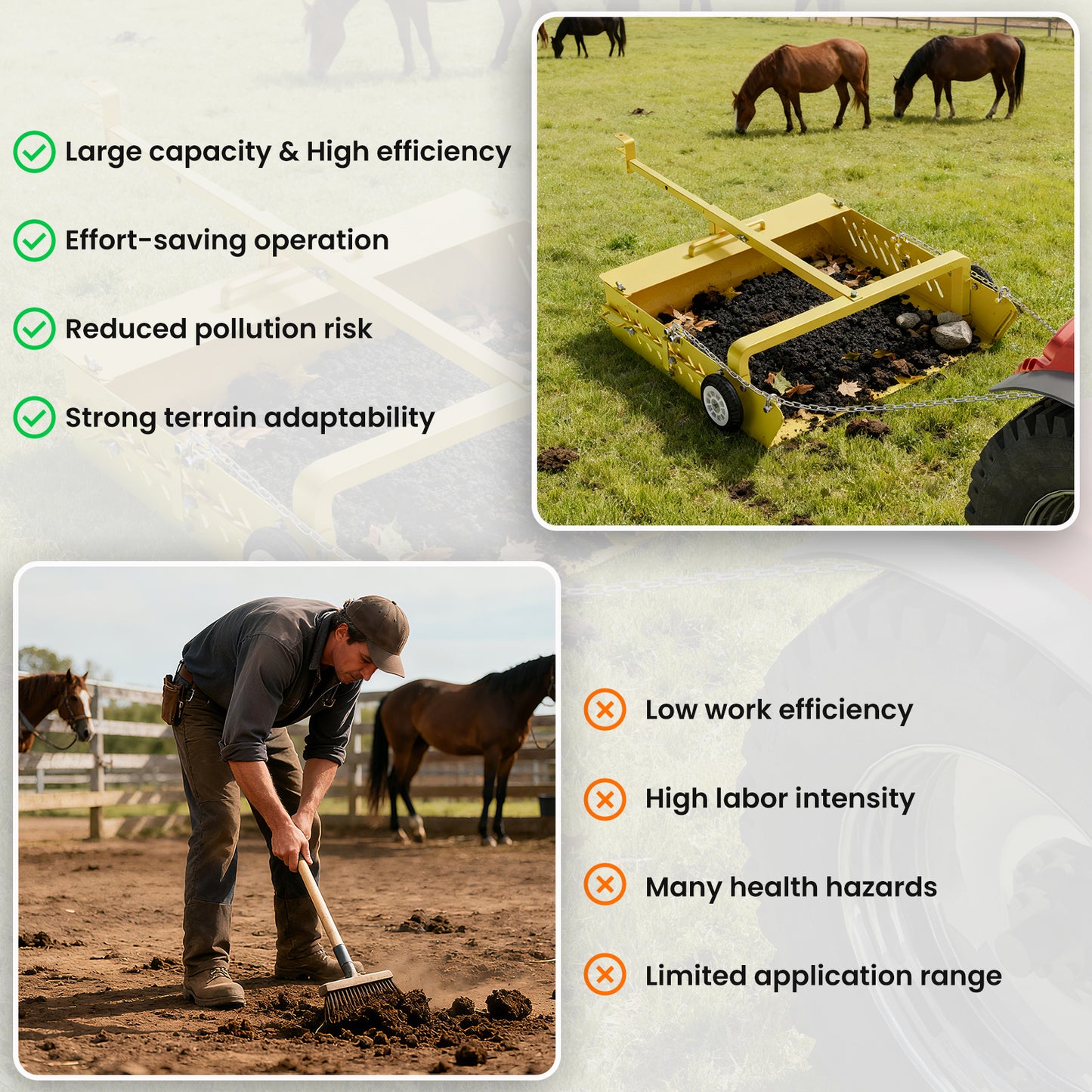 2-in-1 Large Horse Paddock Cleaner & Tow-Behind Trailer-Upgraded Chain Version